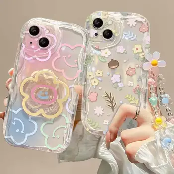 Clear Floral Print Cream Wavy Edge Phone Case for Iphone 15 Pro Max 11 12 13 14 15 16 Pro Max 16Pro with Cute Flower Chian Cover