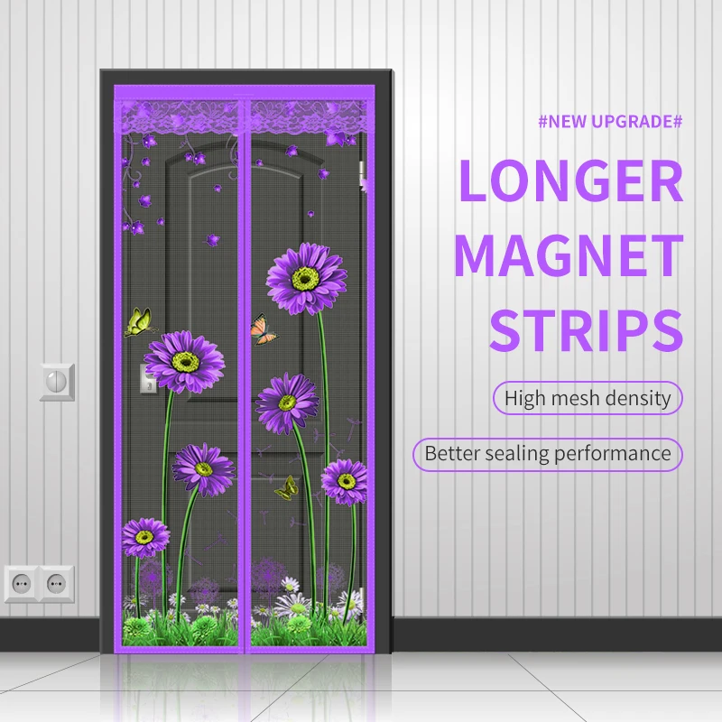 Silent mosquito proof door curtain with purple lotus chrysanthemum mesh magnetic suction self adhesive partition