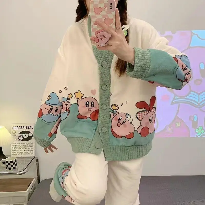 

Kawaii Sanriod Kirby Pajamas for Women Autumn and Winter Coral Velvet Thickened Home Clothes Pajamas Set Can Be Worn Outside