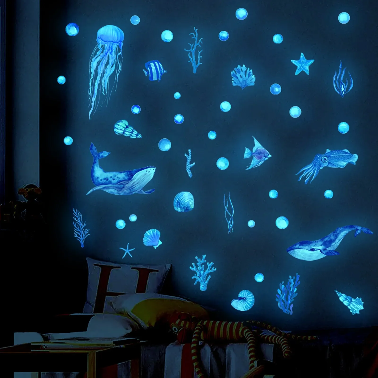 Wall Stickers,Luminous Fish Octopus Sea Animals Glow In The Dark Stickers Underwater World Wall Decor Indoor Party Decor