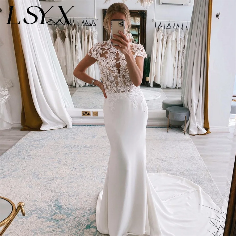 

LSYX High-Neck Cut Out Cap Sleeves Crepe Lace Mermaid Wedding Dress Illusion Button Back Court Train Bridal Gown Custom Made