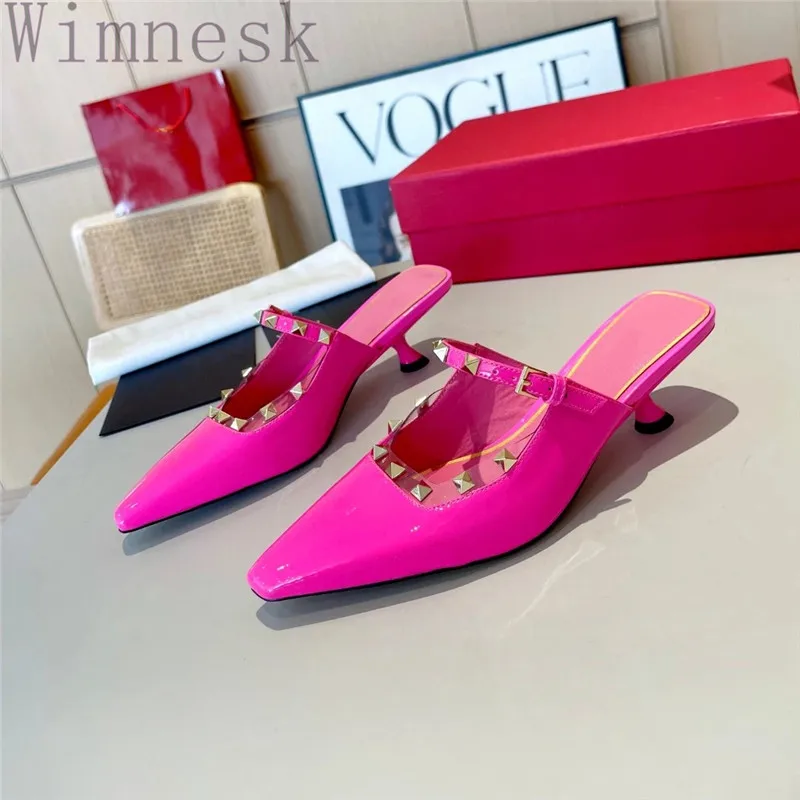 

Summer New Small Square Toe Genuine Leather Slippers Woman Med Heels Rivet Decor Fashion Sexy Party Dress Shoes For Women 2024