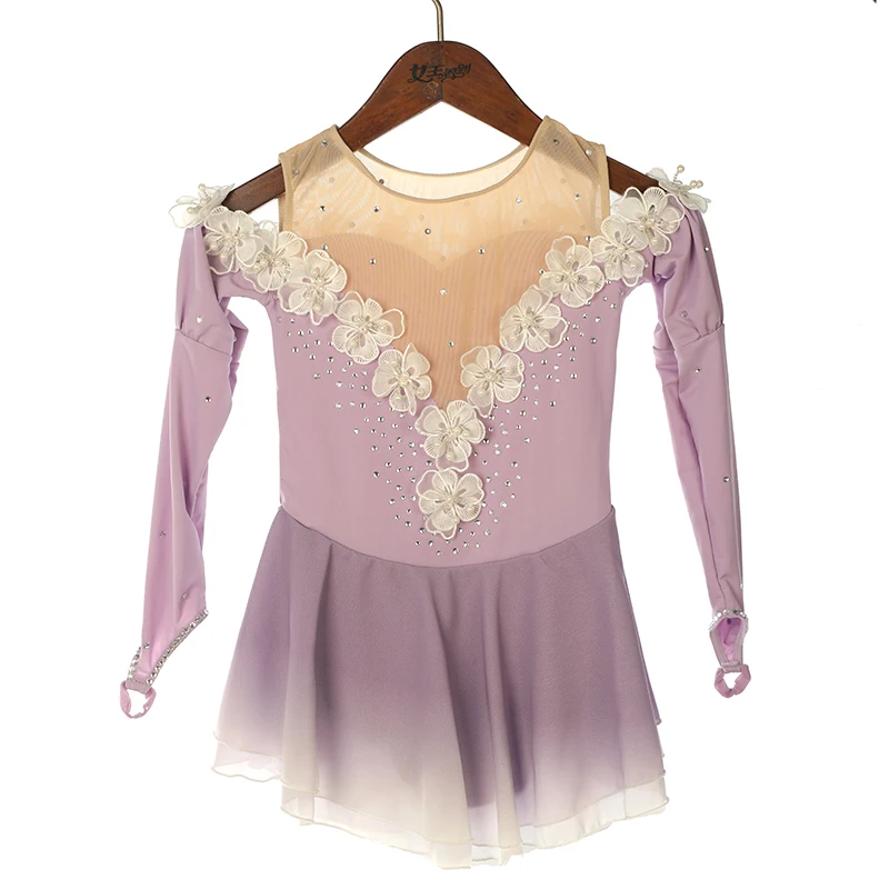 Figure Skating Competition Training Dress Customized Girls' Light Blue Long Sleeve Artistic Gymnastics Performance White Flowers