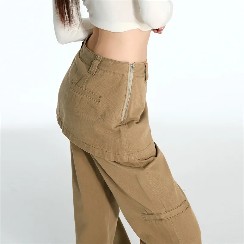 Plus Size Fake Two-Piece Fart Curtain Retro Jeans 2025 Spring Autumn Micro-Pull Cargo Slimming Straight Stacked Wide-Leg Pants