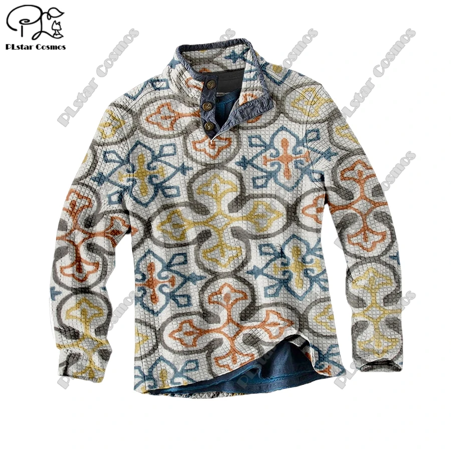 PLstar Cosmos new 3D printing tribal retro pattern series warm stand collar sweater Polo street casual unisex winter Polo L-8