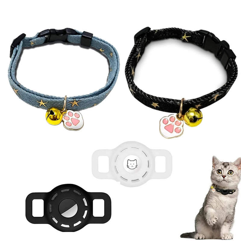 

Pet Cat Collar Safety Buckle Adjustable Breakaway Belt Airtag Case Dog Collar With Bell Pet With Footprints Collar Anti-lost for