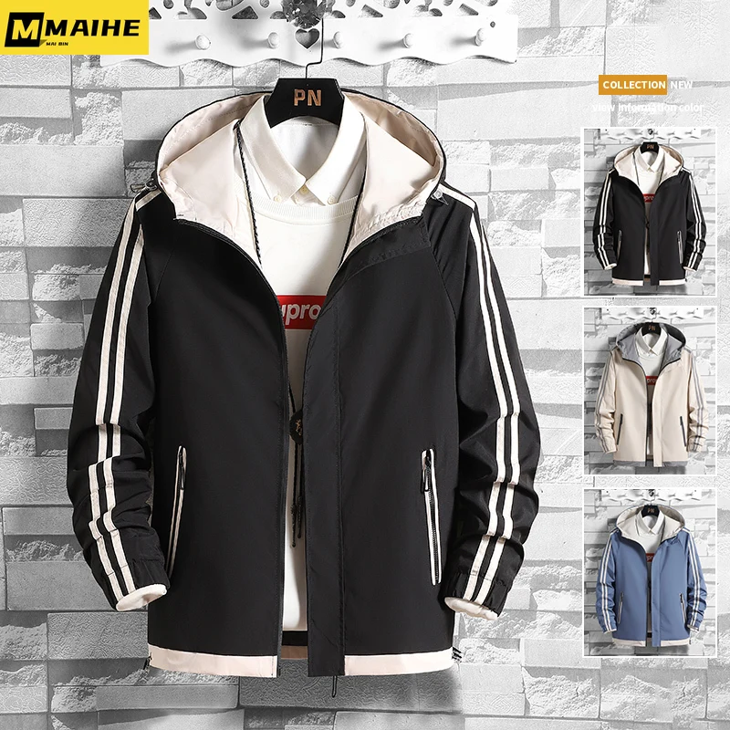 

Fall 2023 new men's jacket Harajuku fashion color matching hooded coat Hip hop style street wear casual windproof jacket for men