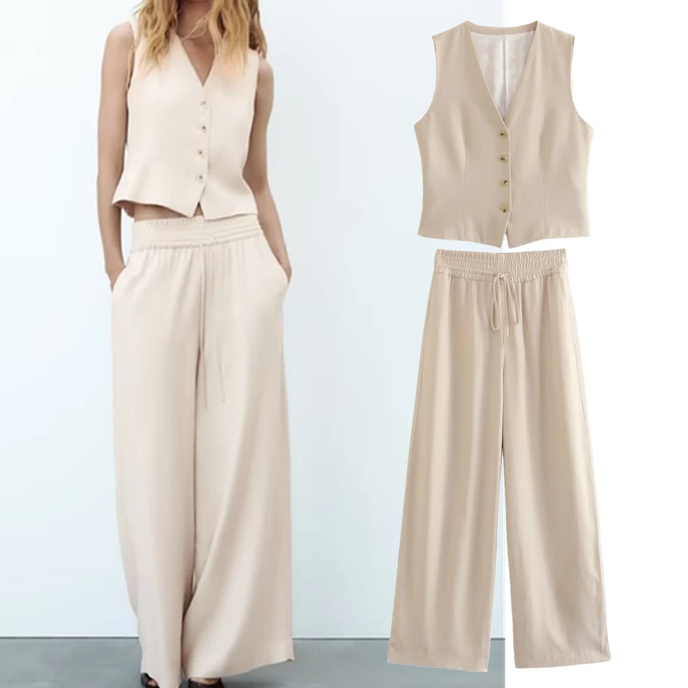 

Dave&Di French Country Style Simple Single-breasted Beige Vest Top High Waist Loose Wide-leg Pants Ladies Sets For Women
