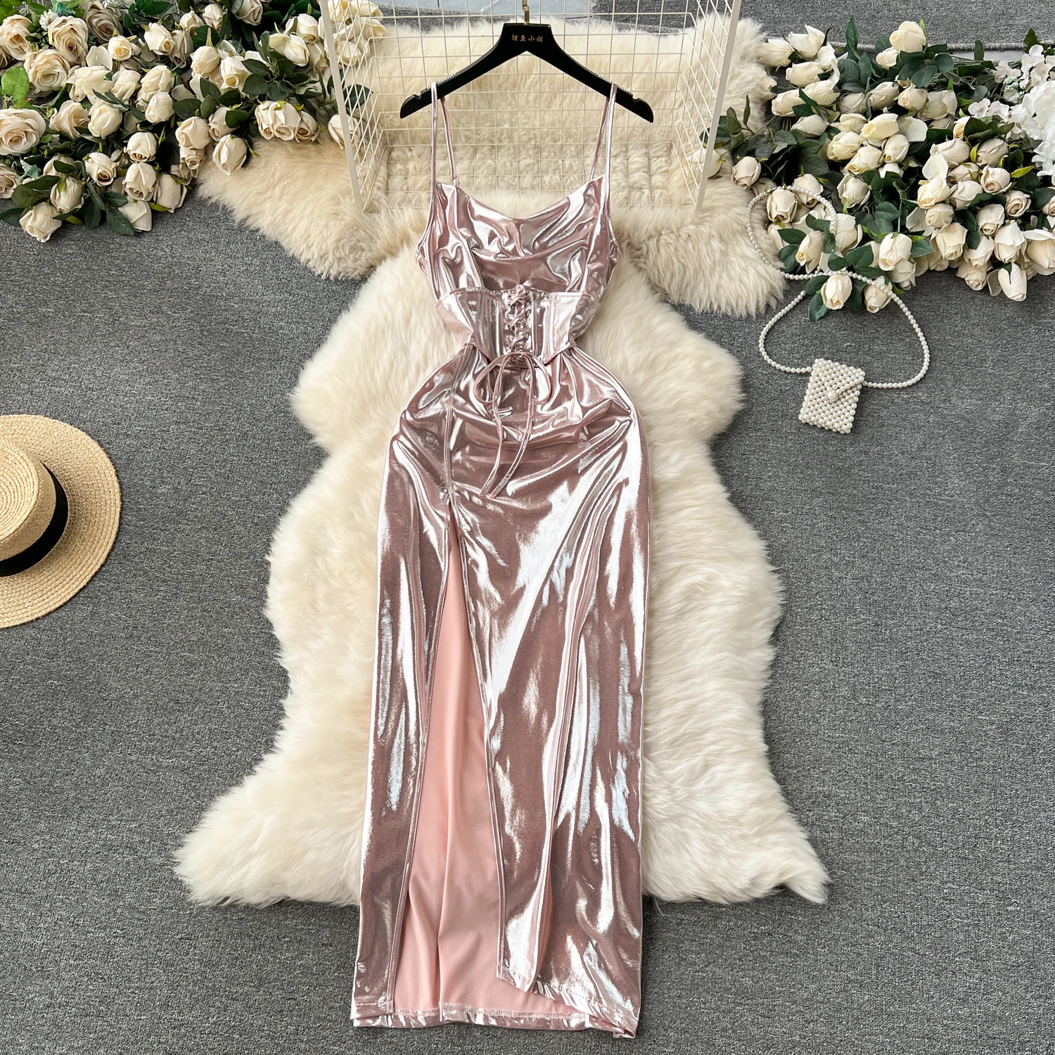 SINGREINY Spaghetti Strap Split Long Dress 2025 Ladies Fake Leather Lace Up Bodycon Sundress Y2K Hotsweet Shiny Slim Party Dress