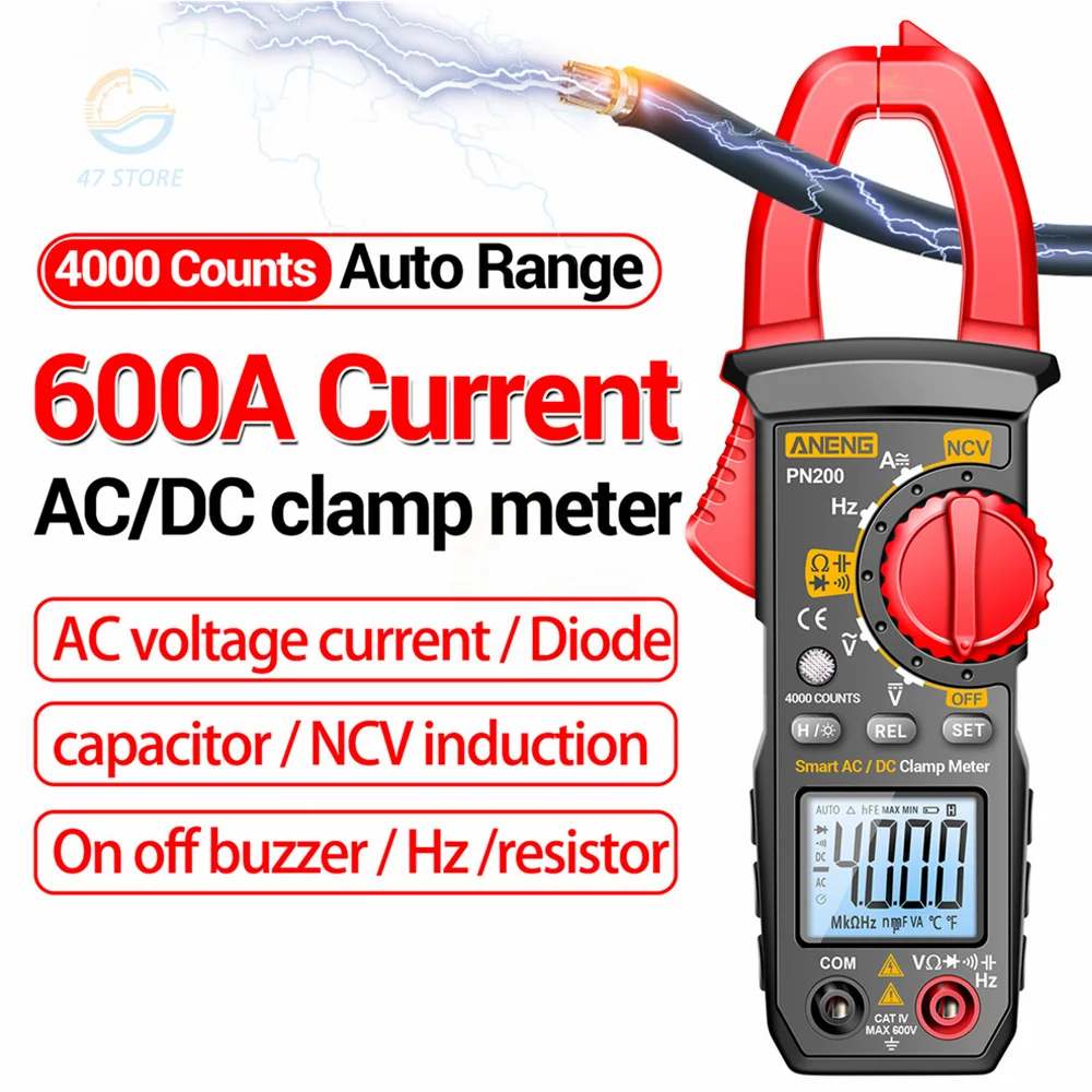 

PN200 Digital Clamp Multimeter DC/AC 600A Current 4000 Counts Multimeter Ammeter Voltage Tester Car Hz Capacitance NCV Ohm Test