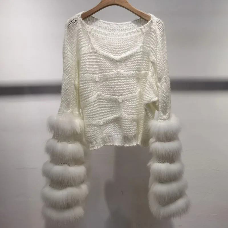 

Loose Women Knitted Pullover With Genuine Fox Fur Cuff Loose Fashion Natural Fur Striped Pull Jumpers Female Pullovers Sweater