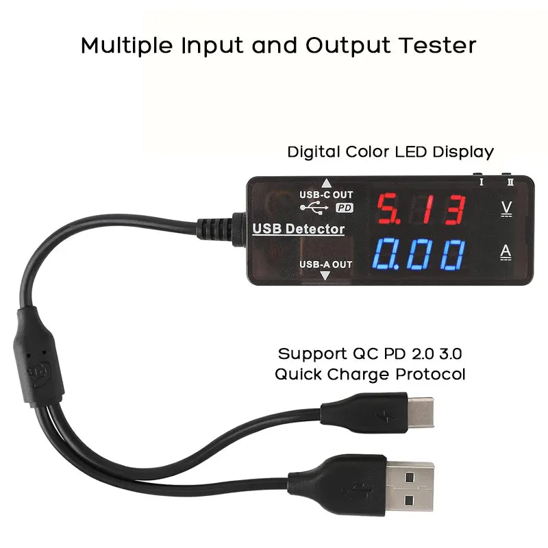 USB-A USB-C Multimeter Dual USB Ports PD QC 2.0 3.0 with Color LED Display Battery Charger Monitor for Phone Laptop Solar Panel