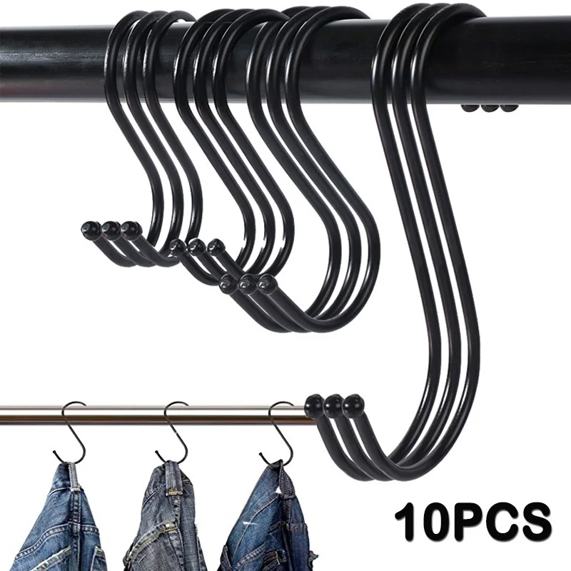 

10 Pieces of Black S Shaped Hooks Kitchen Bathroom Stainless Steel S Type Hooks for Hanging Pans Pots Bag Towels Storage Holder
