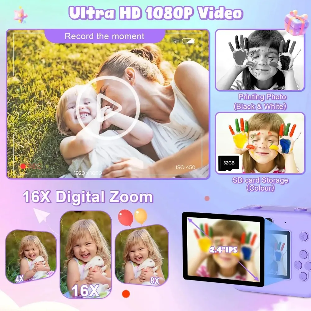 Educational Thermal Instant Print Camera for Kids – 1080P Mini Digital Video Camera with 32GB Card 5