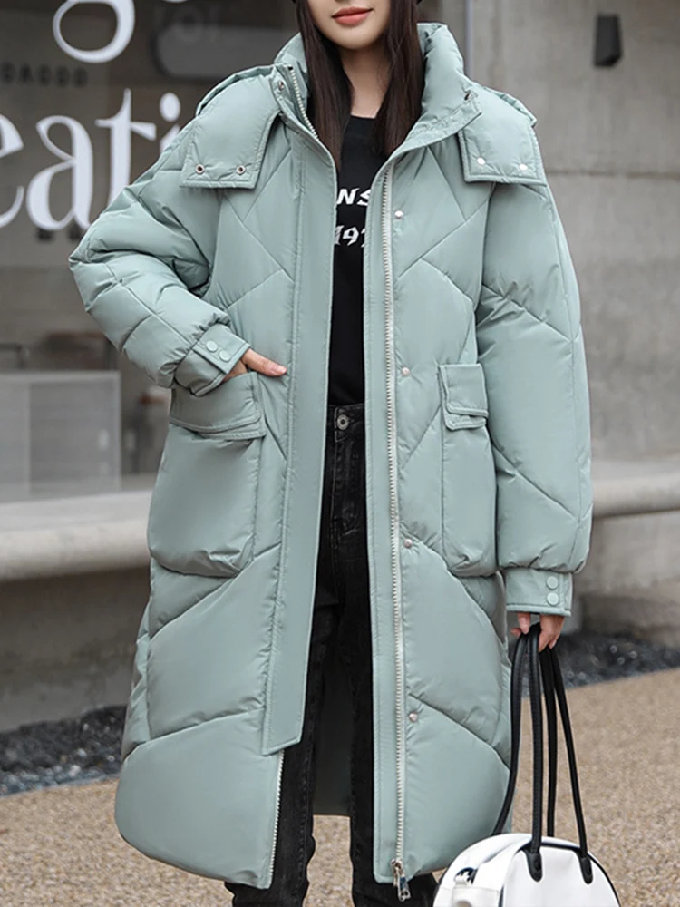 Vintage Loose Casual Thicken Warm Hood Coats Long Plaid Parkas for Women 2023 New Autumn Winter Fashion Zipper Down Jacket