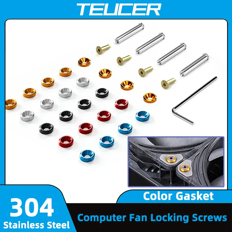 

TEUCER Aluminum Alloy Screws Lock Nut 4set Computer Fan Screws for 25mm Thickness Cooling Fan Easy Installation Colorful Gasket