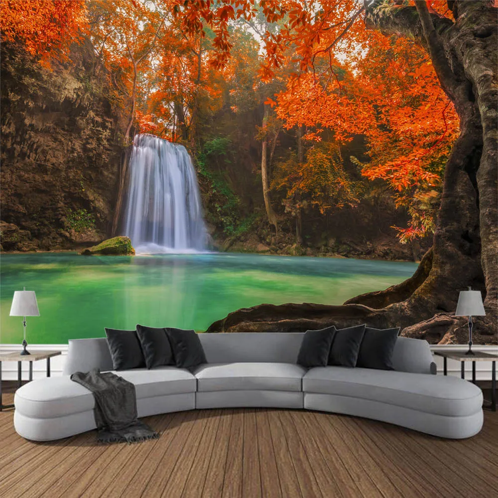 Tapestry Decor Natural forest landscape tapestry jungle waterfall wall hanging bohemian psychedelic art home decoration hippie yoga sheets