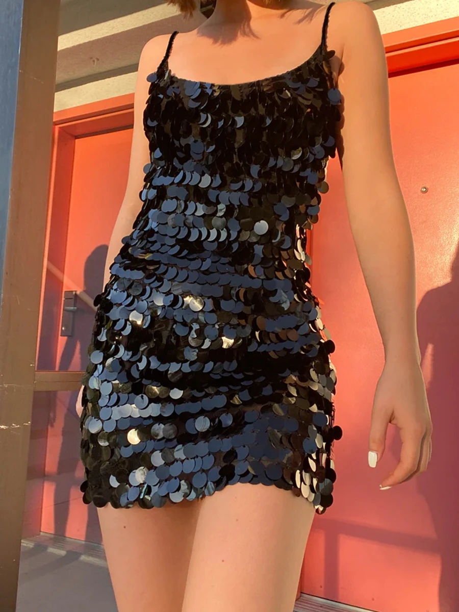 

Combhasaki Women Sleeveless Shiny Glitter Sequins Spaghetti Strap O Neck Backless Summer Party Club Mini Sling Bodycon Dress