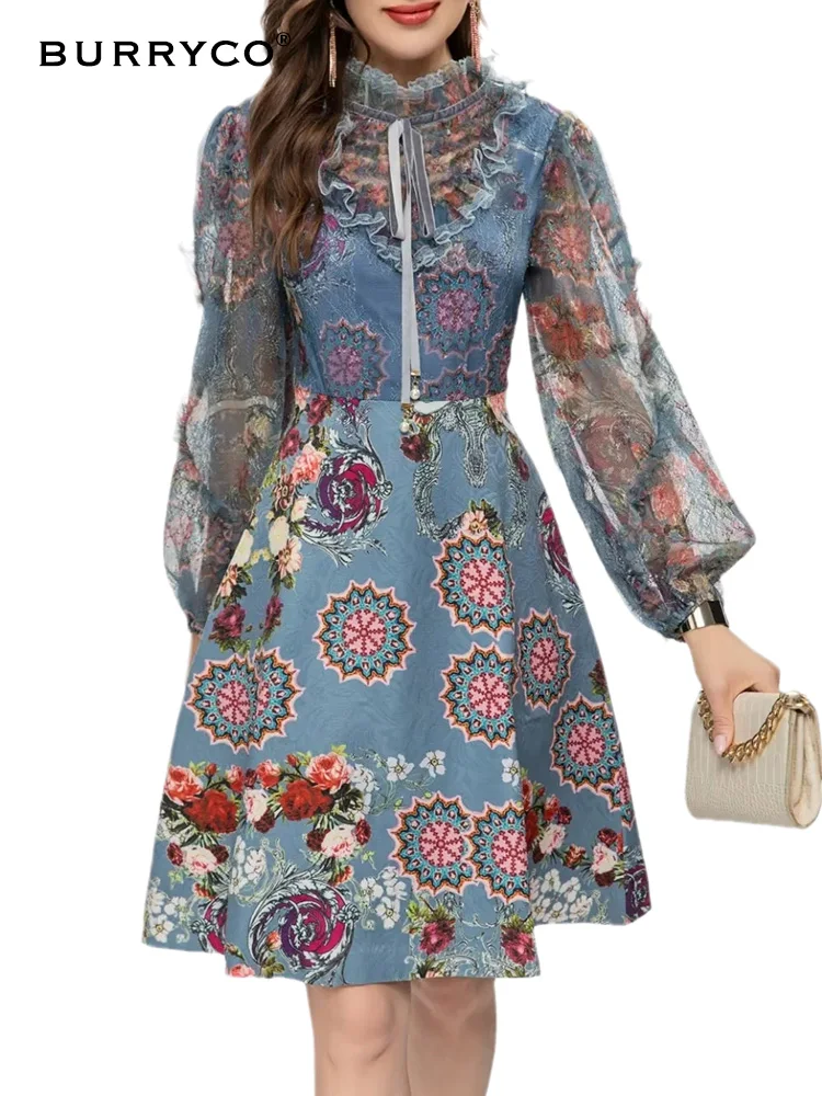 

BURRYCO 2023 Summer Women's New Luxury Style Printed Lantern Sleeves Wooden Ear Edge Standing Neck Lace Panel A-line Slim Dress