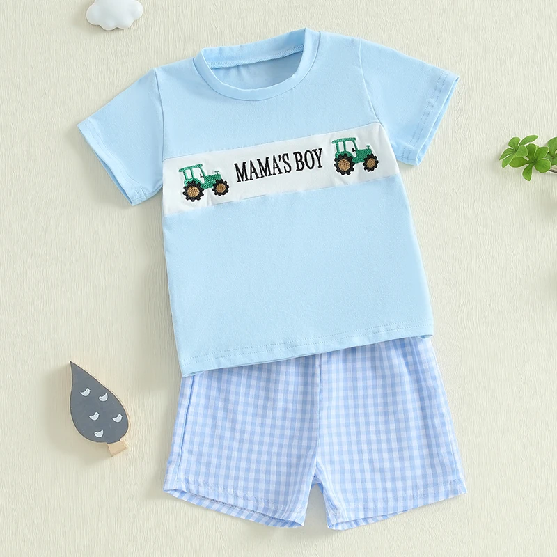 Baby Clothing Boy Summer Outfit Tractor Letter Embroidery Short Sleeve Tops Plaid Elastic Waist Shorts 2 Piece Set 4