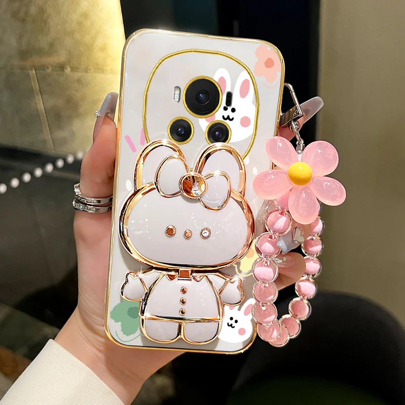 Luxury Flower Strap Rabbit Mirror Phone Holder Case
