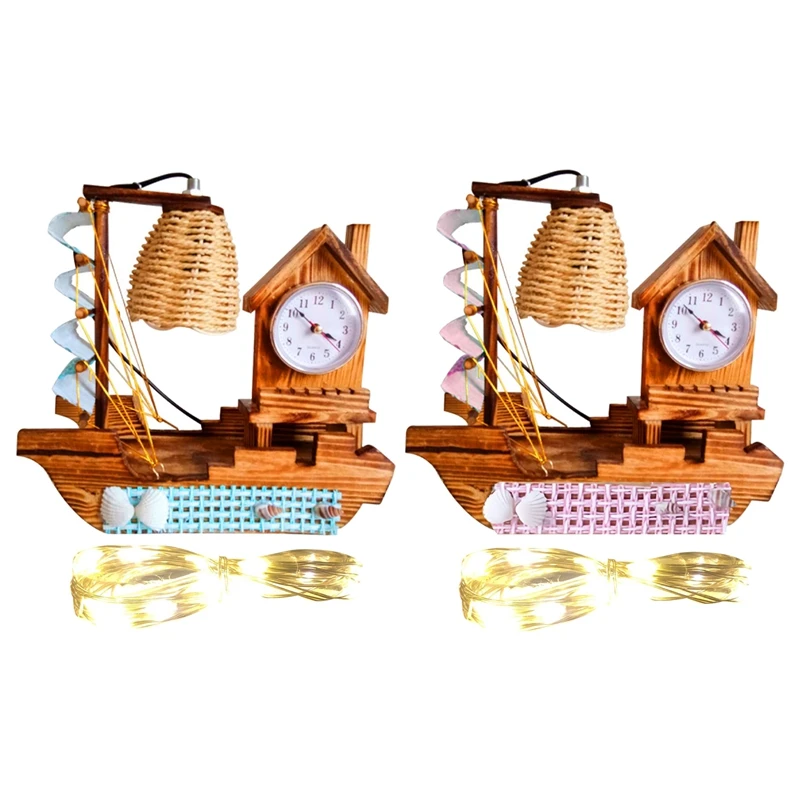

Sailboat Woodiness Lamp Clock With A Clock With Warming Light Strings Multi-Functional Electronic Clock Durable Easy To Use