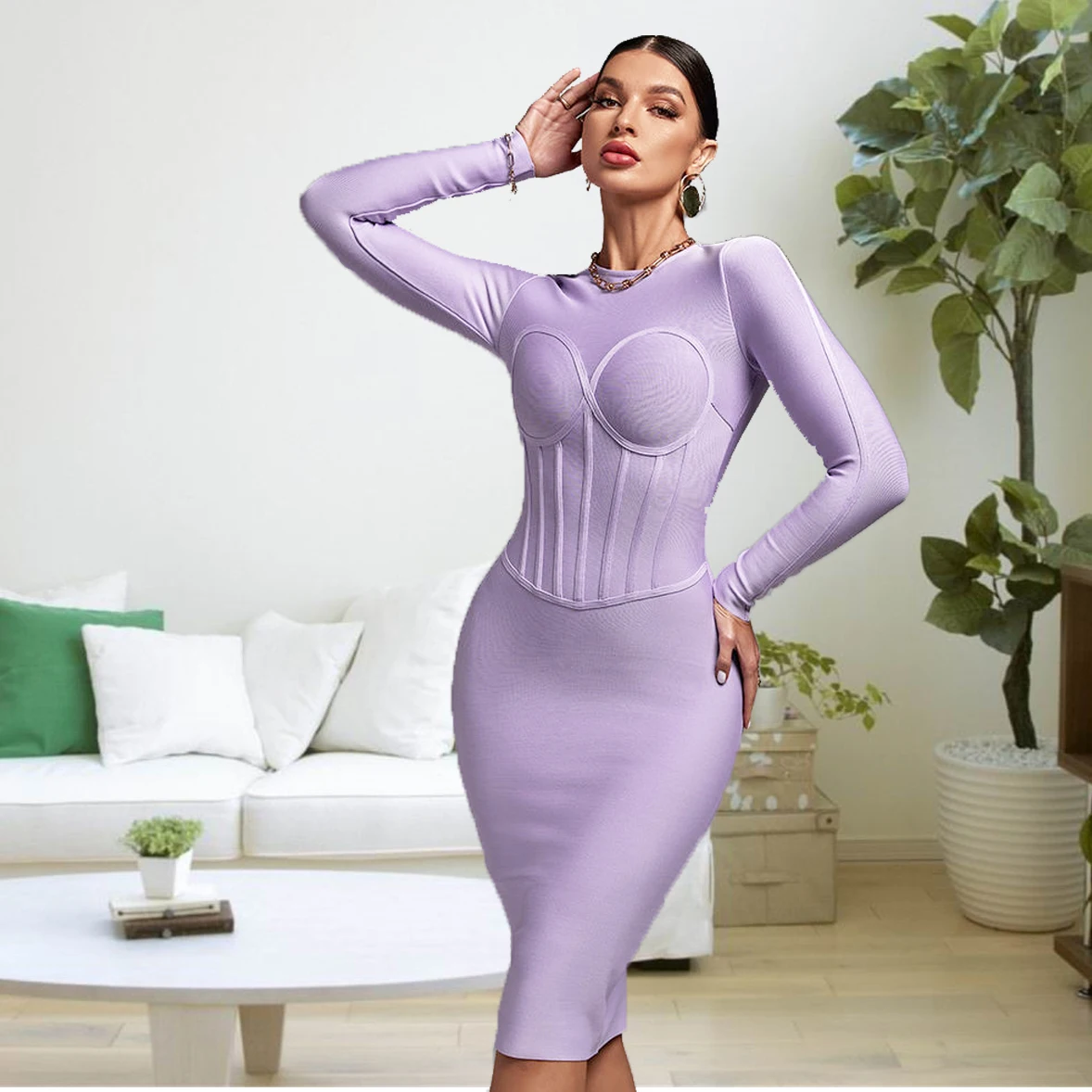 

WillBeNice Office Purple Quality Lady Bandage Long Sleeves Dress Vintage Quality Thick Elastic Bodycon Dress Women Party Vestido