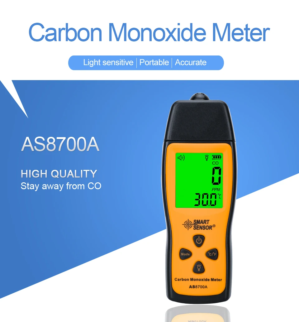 AS8700A Handheld Carbon Monoxide Detector 1000ppm CO Meter LCD Sound and Light A