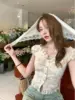 ​​Women's French Floral Embroidered Blouse Summer 2025 Cinched Waist Cropped V Neck Youthful Slimming Top​​