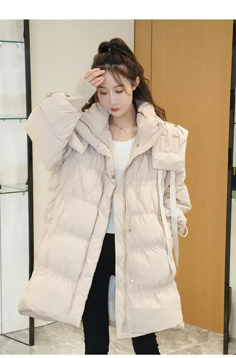 Winter Warm Hooded Orange Mid-Length Down Jacket Female 2023 New Popular Woman Loose Long Sleeve Thickened White Duck Down Coat