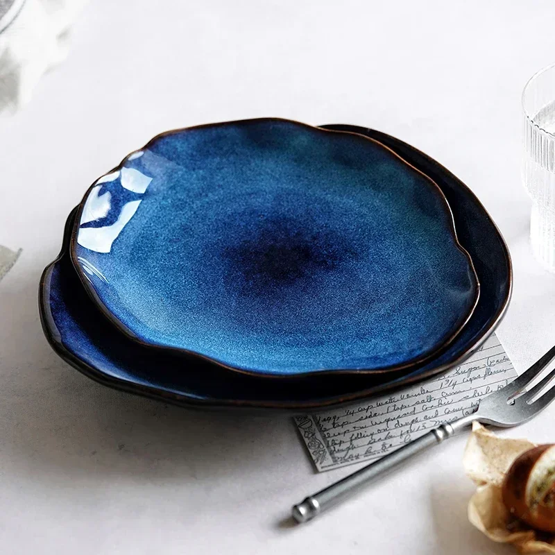 Ceramic Salad Plate Supplies Kitchen Lrregular Food Dish European Blue Dinner Plates Glaze Pottery Household Tableware