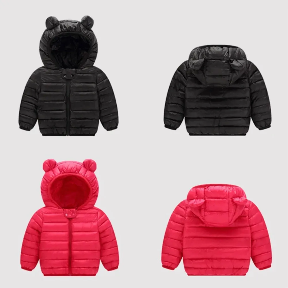 Kids Bear Ear Hooded Puffer Jacket Children's Lightweight Warm Coat Black/Pink Options