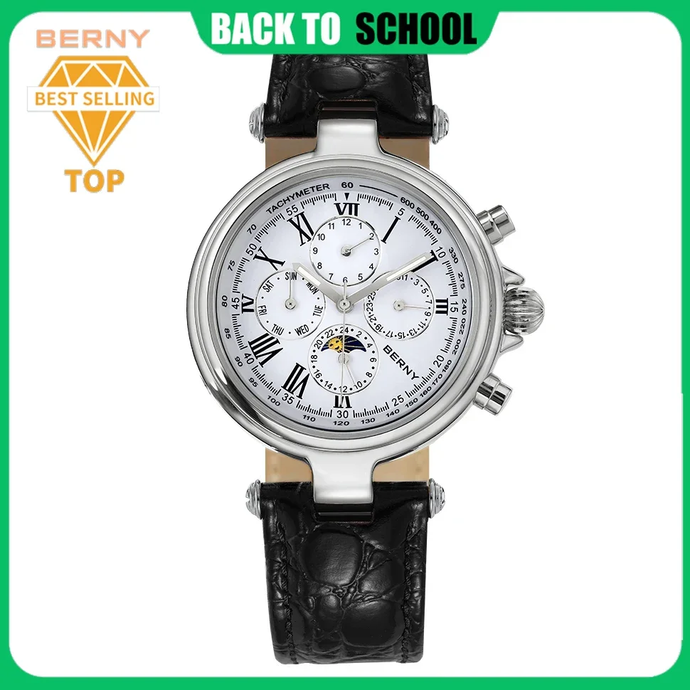 BERNY Classic Dress Automatic Watch for Men Luxury Stainless Steel Mechanical Wristwatch Leather Strap Waterproof Sliver Watches