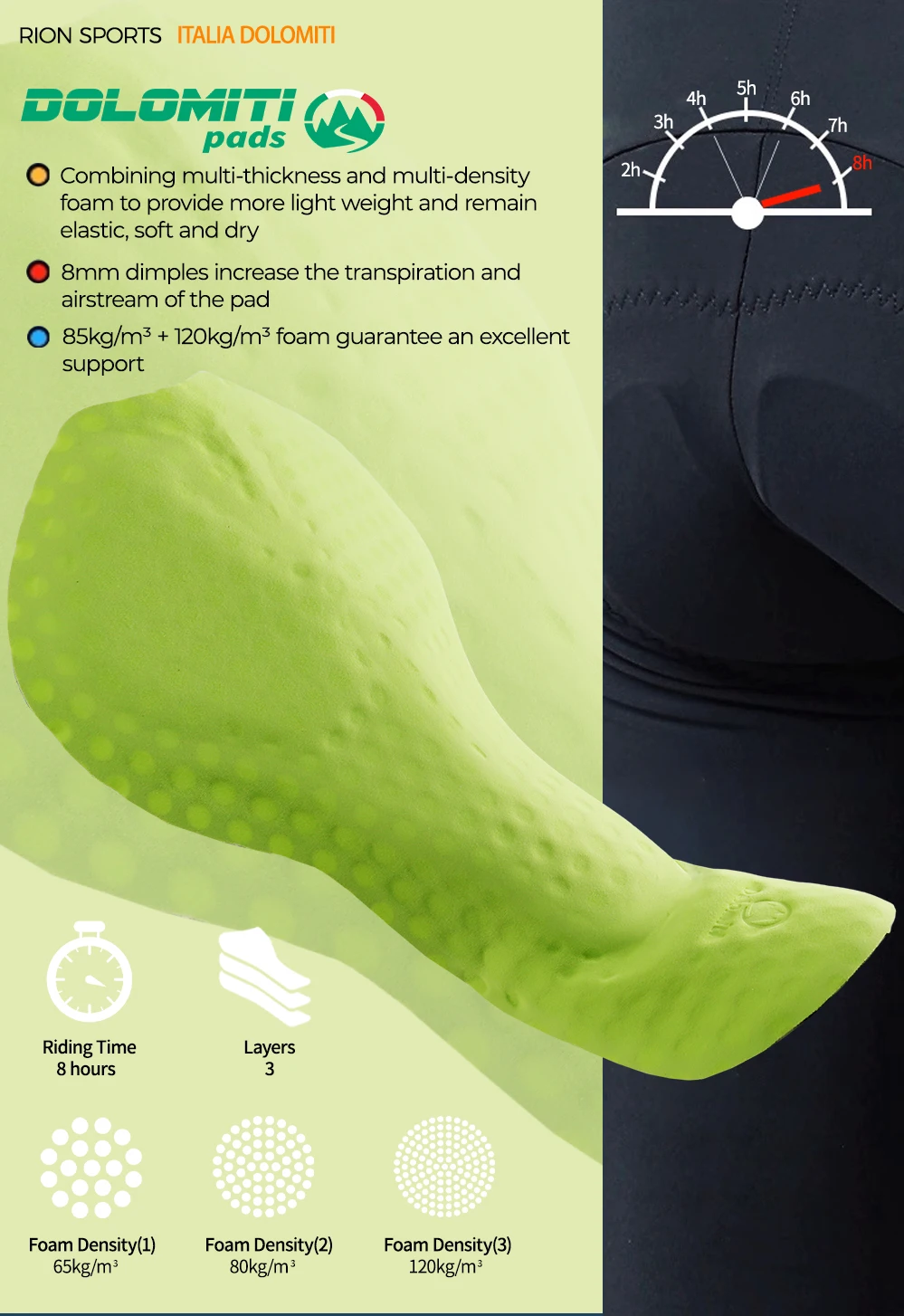 Description Picture 6 of itemRION Men Cycling Bib Shorts Road Bike MTB Bibs Padded Bicycle Tights Seamless Riding Clothes Long Distance Dolomiti 8 Hours
