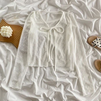 2024 White Tie Up Summer Cardigan Women Sexy Long Sleeve Sheer Mesh Crop Tops Woman Chic All Match Short Printed T Shirt Mujer 5
