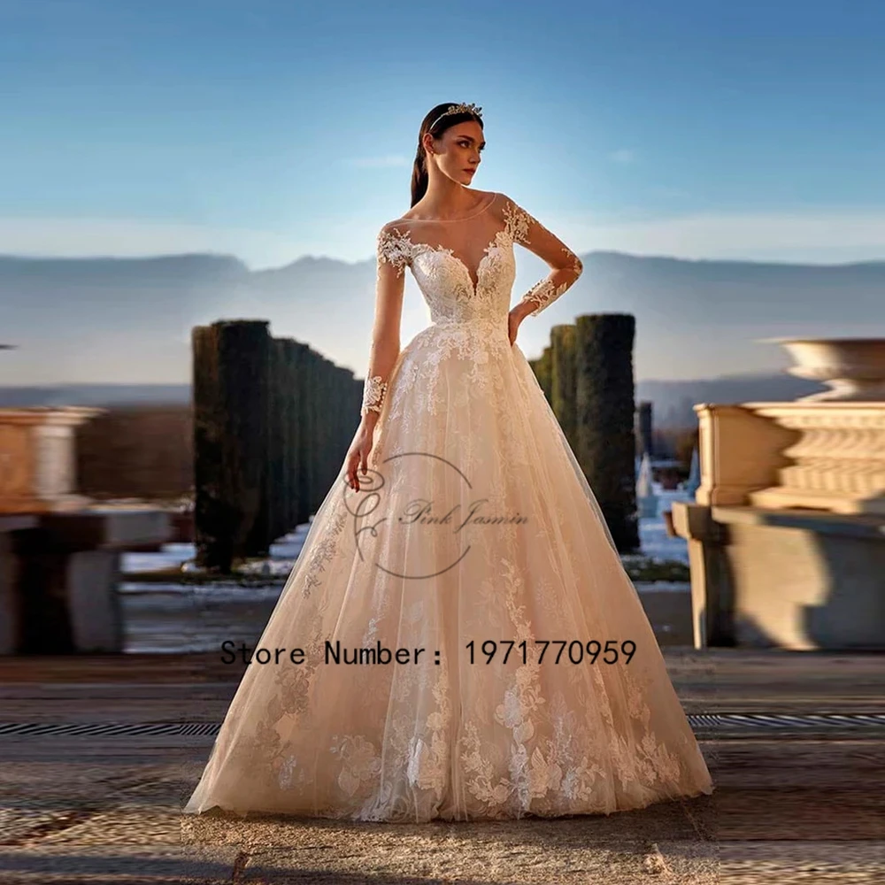 

Luxury Lace Wedding Dress For Bridal Long Sleeve Scoop Neck Applique Elegant A-Line Robe De Mariée Illusion Back Bride Gown 2024