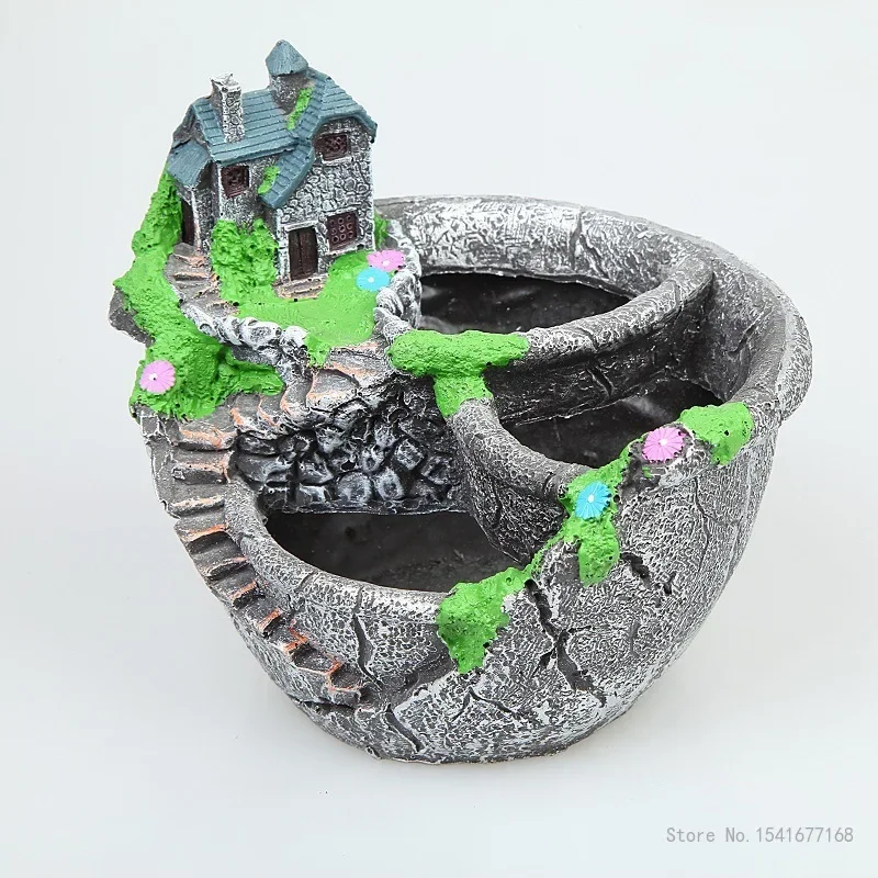 Imitation Stone Resin Flowerpots for Home Garden, Creative Rural Micro Landscape, Large Caliber Flower Pots, House and Home, 1Pc