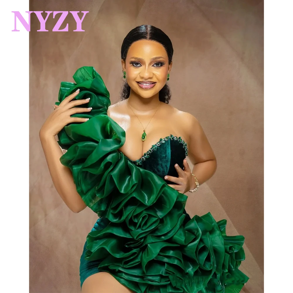 NYZY C392 Emerald Green Party Cocktail Dresses Velvet Organza Ruffles Africa Short Evening Gowns