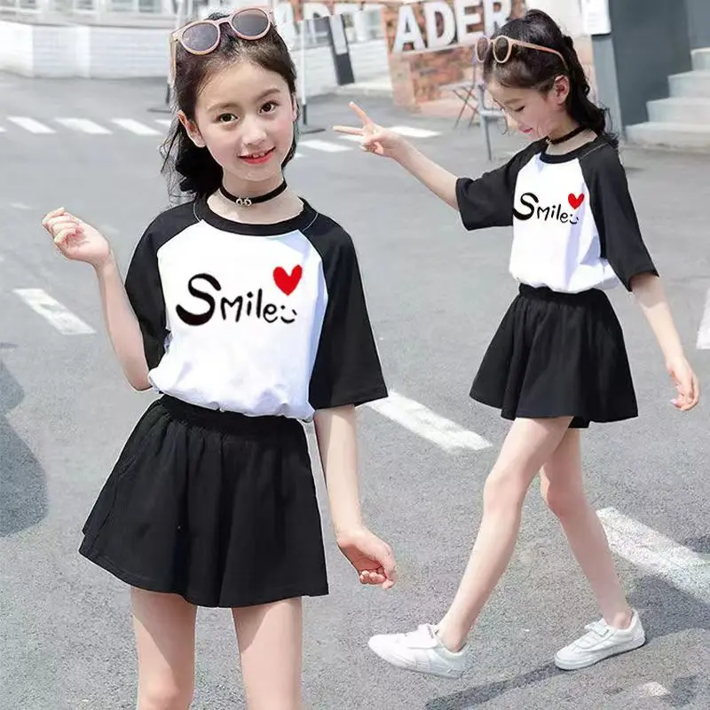 

Kids clothes girls summer suit new children's short sleeved culottes youth T-shirt short skirt loose casual sports two-piece sui