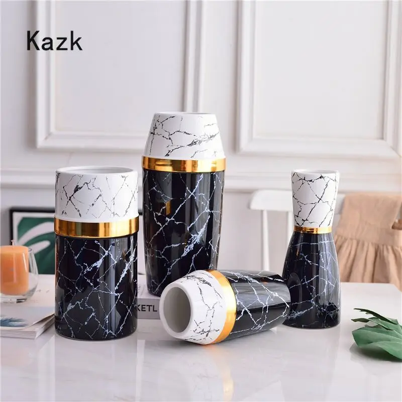 

Nordic Modern White Black Marble Pattern Vase Gold Edge Craft Ceramic Arranging Flower Vase Living Room Decoration Accessories