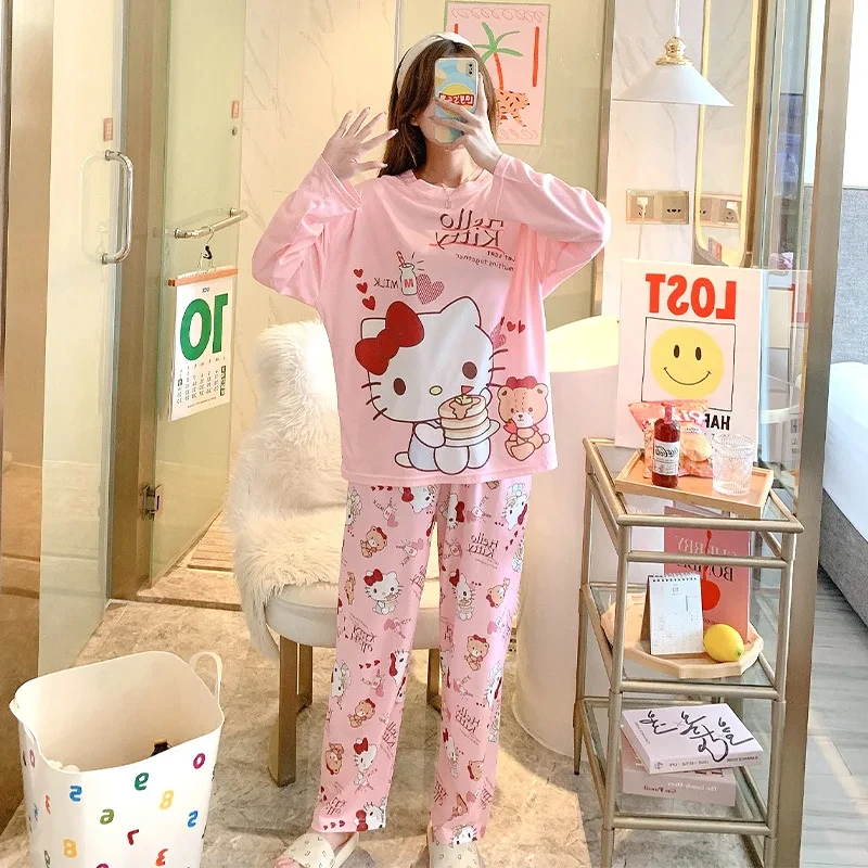 

Пижама Hellokitty Sanrio, Женская Корейская свободная одежда с длинным рукавом, брюки с круглым вырезом, милый мультяшный комплект из двух предметов