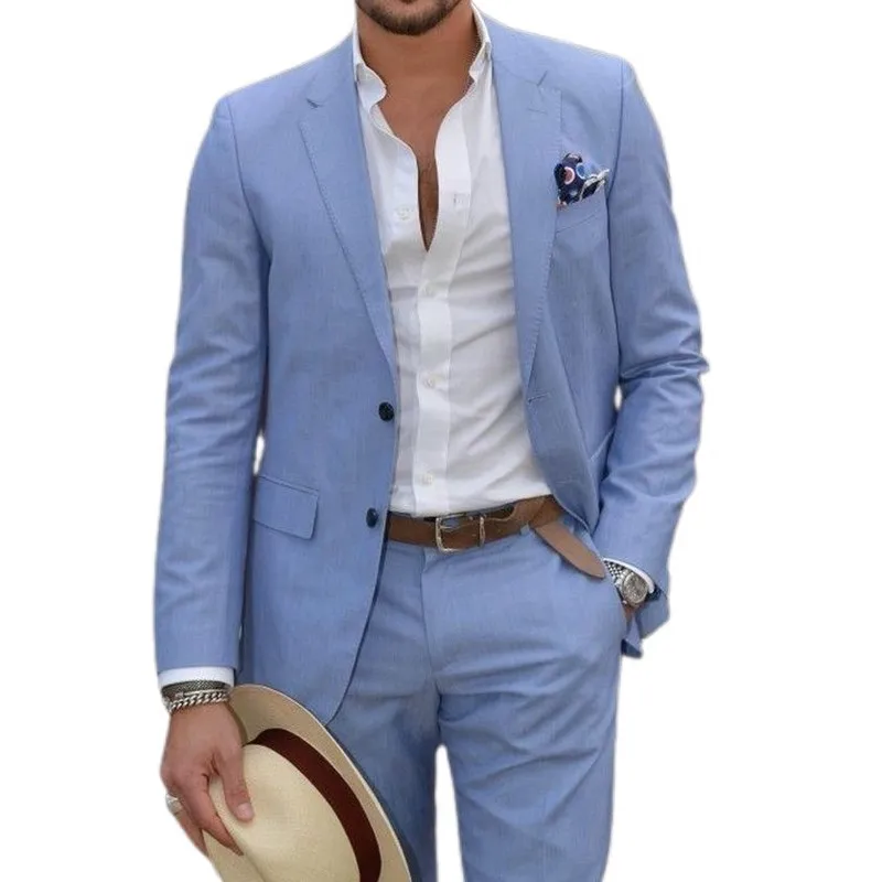 

Sky Blue Casual Men Suits For Prom Slim Fit 2 Piece Wedding Tuxedo Groomsmen Fashion Jacket With Pants New Arrival
