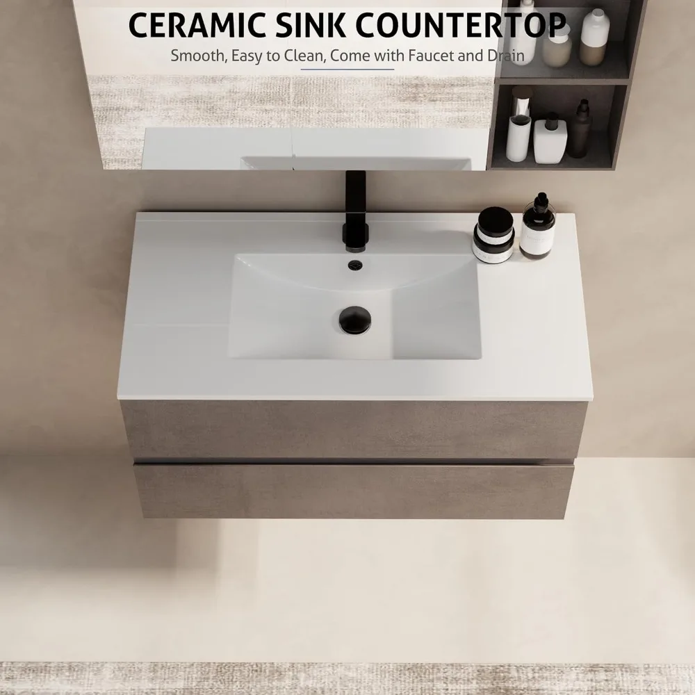 36" Wall Mounted Bathroom Vanity with Sink Combo Set, Floating Bathroom Storage Cabinet w/Bevelled Invisible Handles,Cement Grey 5