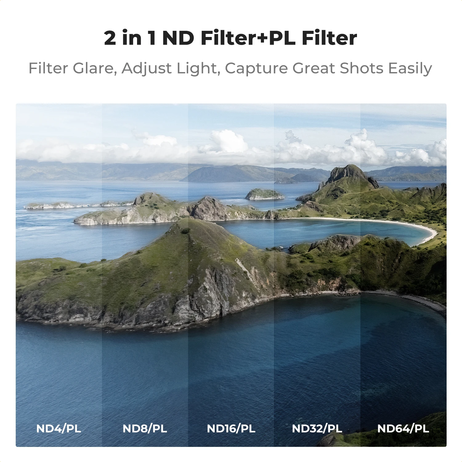 Vue éclatée du K&F Concept 2-en-1 ND/CPL pour DJI Mini 5 Pro, montrant les couches de verre et la bague de rotation.