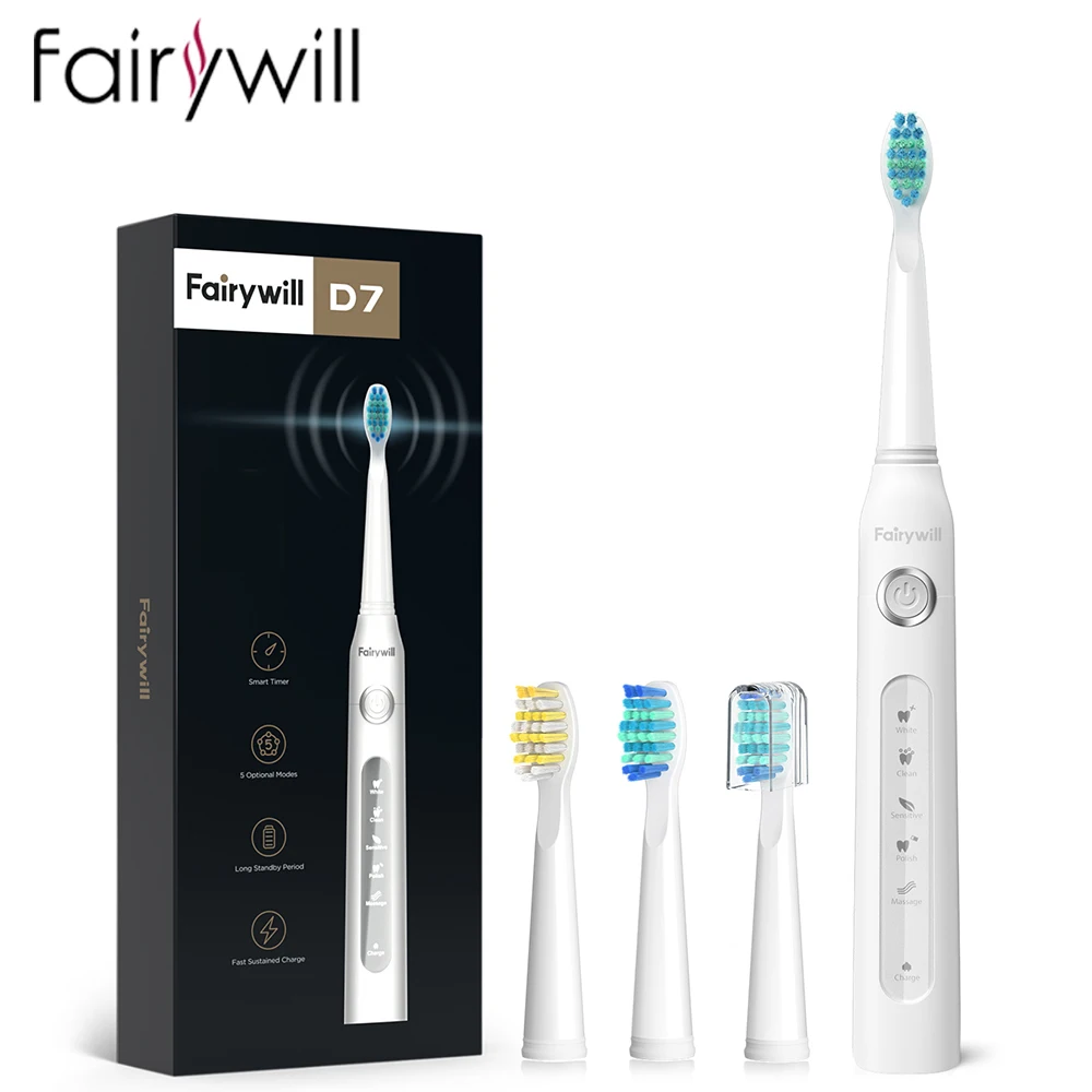 Fairywill Electric Sonic Toothbrush FW507 Waterproof Powerful Cleaning Toothbrush with 4 Replacement Brush Heads for Adults