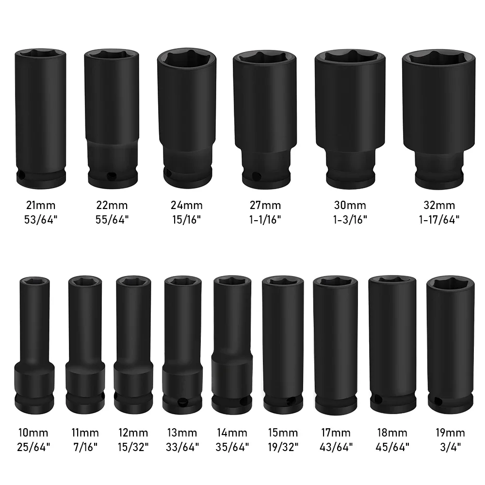 15pcs10-32mm 1/2 inch Hex Socket Wrench Head Used on Ratchet Wrench Drill Torque Spanner Deep Sleeve for Pneumatic Electric Tool 6