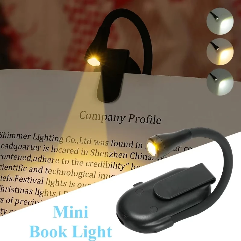 Mini LED Book Night Light Adjustable Clip 360&deg; Flip Rechargeable 3 Color for Travel Bedroom Reading