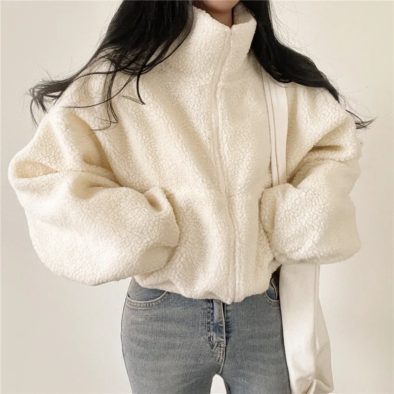 

2023 Design Sense Short Standing Collar Warm Imitation Lamb Wool Coat Female Autumn And Winter New Loose Zipper Cardigan Top 063