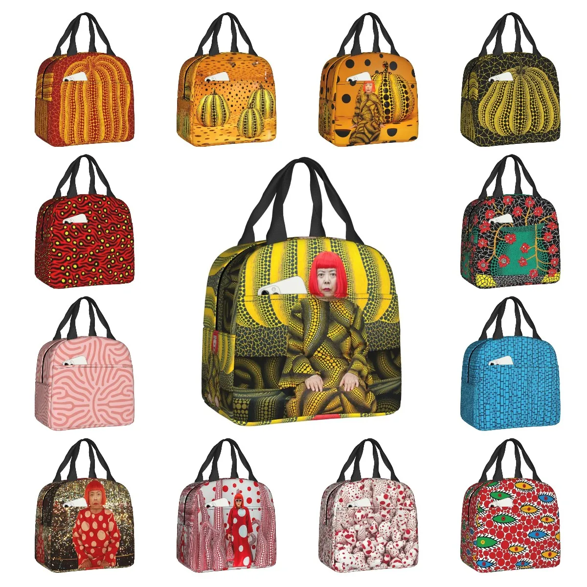 

Yellow Pumpkin Yayoi Kusama Insulated Lunch Bags for Women Polka Dots Queen Thermal Cooler Bento Box Outdoor Camping Travel