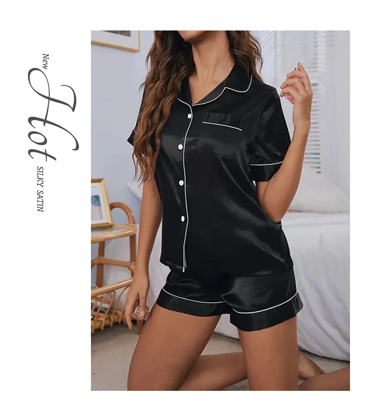Pyjama femme 2 pièces noir col rabattu boutonné short été